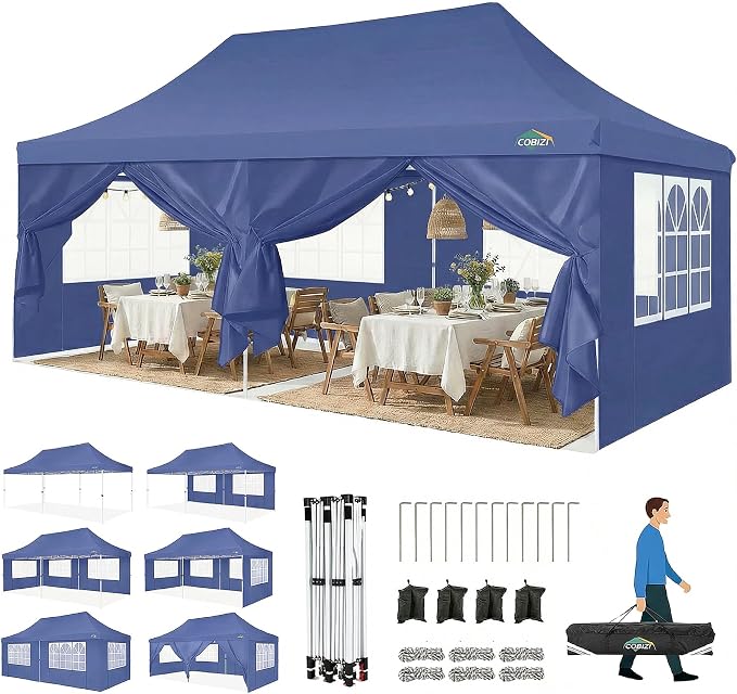 COBIZI Canopy 10x20 Pop Up Canopy Tent with Sidewalls, Waterproof Commercial Canopy Ez Outdoor Instant Gazebo UV Protection 50+ Event Shelter, Garden Tents for Parties with Sandbags, Navy Blue