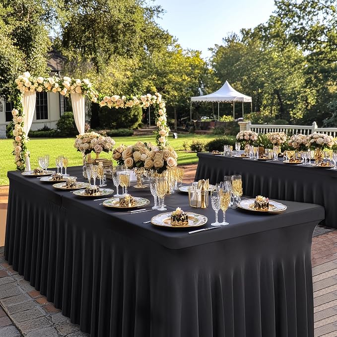 2 Pack Black Fitted Spandex Table Cloth Rectangle 8ft, Wrinkle Free High-Stretch Skirted Tablecloths for 8 Foot Rectangle Tables, Decor Parties Weddings Birthday Banquet Spandex Table Cloths Cover