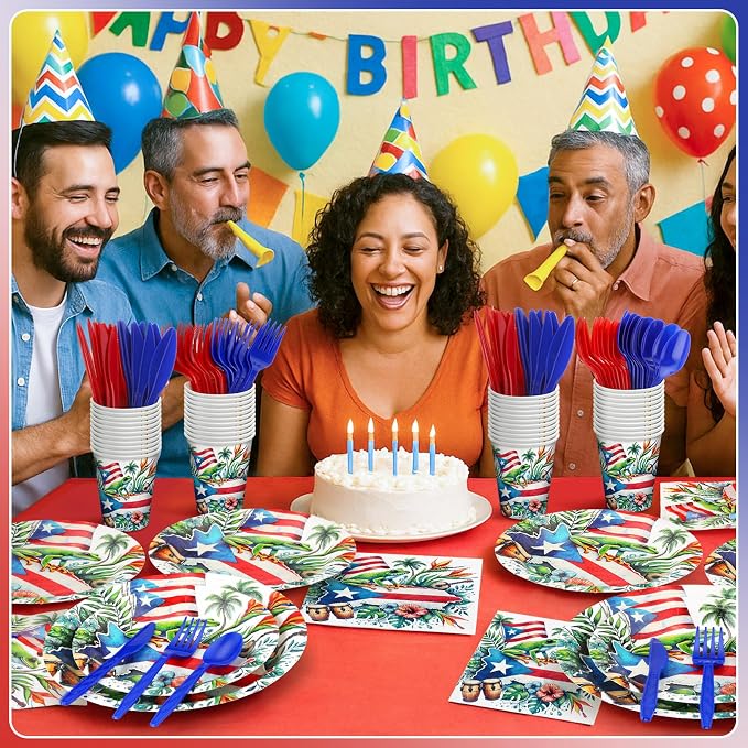 FoldTier 175 Pcs Puerto Rico Party Supplies Disposable Paper Plates Napkins Cups Puerto Rico Theme Birthday Party Decorations Tableware Flag Frog for Holiday Festival Family Serve 25 Guests