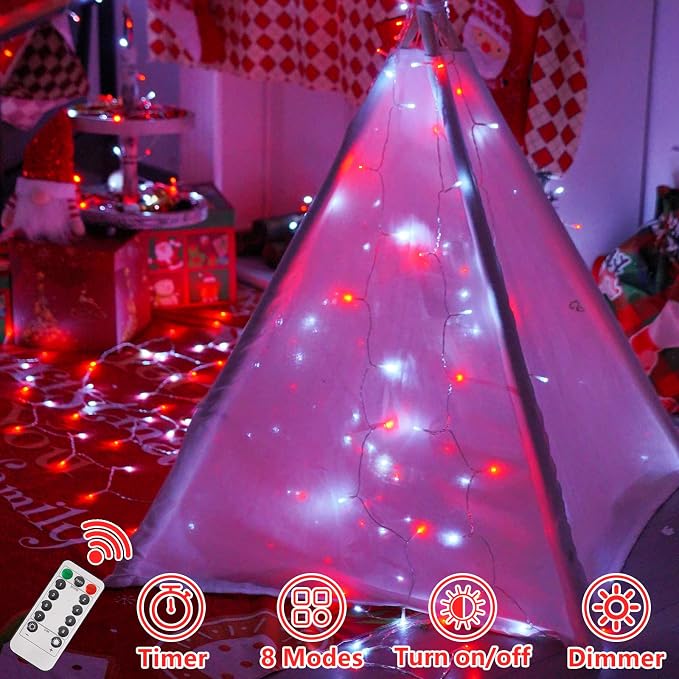 YEGUO Battery Operated String Lights, 2 Pack Each 33ft 100 LED Twinkle Fairy Lights Outdoor Waterproof, 8 Modes Clear Wire Red and White Christmas Lights Indoor with Remote