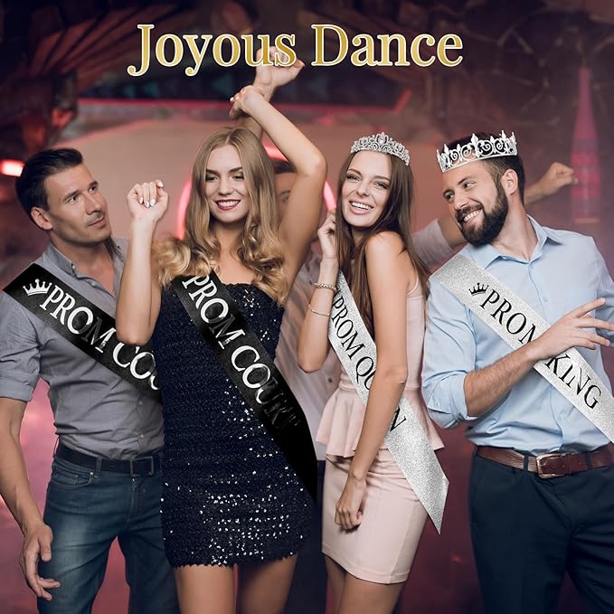 Saintrygo 12 Pcs Prom Crown and Sash Set, Prom King and Queen Tiara Rhinestone Crown Glitter Court Royal Satin Sash for 2026 Graduation Ball Dance Night Party Birthday Accessory(Silver,Stylish)