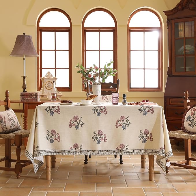 ISAENNE Designer French Linen Rectangular Tablecloth,94"x63"-Helena E | Vintage Elegant Beautiful Table Cloth for Rectangle Table,Floral Pattern,Heavyweight,Dining Room,Kitchen,Thanksgiving