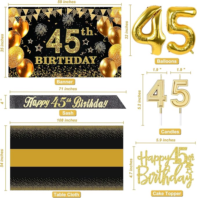 45th Birthday Decorations Men Women with 45th Birthday Banner, Black and Gold Table Cloth, Number Balloons, Large Sash, Cake Topper and Candles