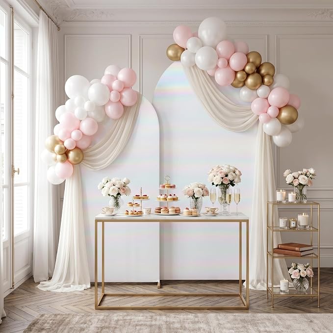 Iridescent White Arch Backdrop Cover 6ft/7.2ft 2Set with Zipper,Thick Soft Stretchy Sequin Shimmer Spandex Fitted Chiara Cover for Wedding Birthday Baby Shower Graduation Party Photo Backdrop