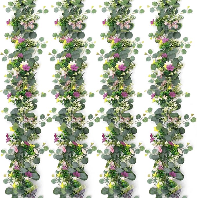 4PCS Artificial Daisy Garland with 3D Butterfly 5.68FT Fake Wildflower Garland Spring Flowers Garlands Greenery Eucalyptus Floral Vines for Home Table Mantle Wedding Backdrop Decor