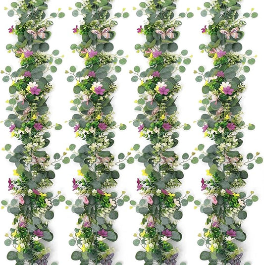 4PCS Artificial Daisy Garland with 3D Butterfly 5.68FT Fake Wildflower Garland Spring Flowers Garlands Greenery Eucalyptus Floral Vines for Home Table Mantle Wedding Backdrop Decor