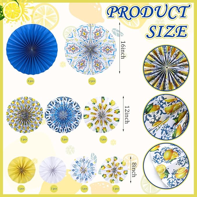 Feifeiya 12 Pcs Capri Lemon Hanging Paper Fans 8'' 12'' 16'' Blue and Yellow Capri Lemon Paper Fans Set Round Porcelain Print Hanging Summer Mediterranean Decorations for Birthday Wedding Events Party