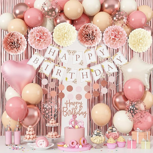 Jobkoo Pink Birthday Decorations for Women, Boho Dusty Pink Rose Gold Blush Beige Latex Balloons Happy Birthday Banner Foil Fringe Curtain Tissue Paper Pompom for Woman Girls Party Decoration Supplies