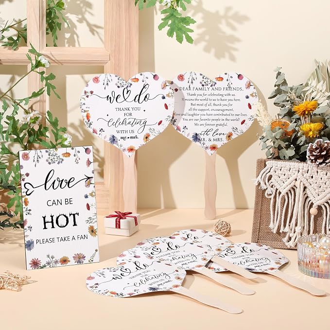 51 Pcs Wedding Fans for Guests Wedding Favor Paper Fans with Handle Bulk Table Sign for Ceremony Bridal Party Decoration(White,Wildflower)