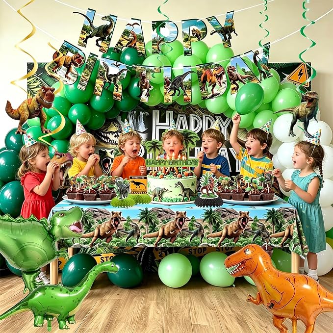 Dinosaur Birthday Party Decorations, 86 PCS Dino Party Supplies | Banner, Backdrop, Tablecloth, Cake Toppers, Balloons, Honeycombs, Hanging Swirls, Stickers for Party Decor