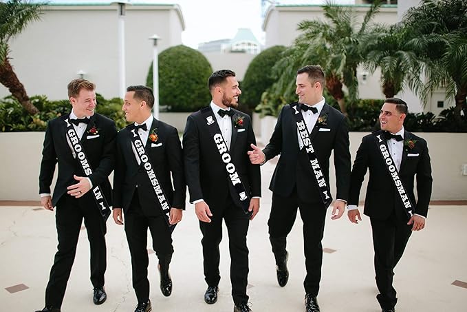 Groom Wedding Party Sash Bundle, Groom (x1), Best Man (x1), Groomsman (x3) Bachelor Bridal Shower Supplies Decorations Favors Gifts Black Sashes White Letters Kit Accessories Decor - Set of 5