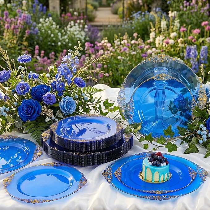 102PCS Blue Plastic Plates - Royal Gold Disposable Plates - Clear Blue Party Plate - Heavyweight Disposable Plate with Gold Rim - Fancy Dinner & Dessert Plates for 51 Guests Party Wedding