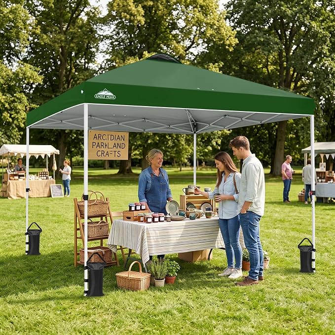 EAGLE PEAK Pop Up Canopy Tent with Wheeled Carry Bag, 8 Stakes, 4 Ropes, 4 Weight Bags, Easy Set Up Tent Canopy, 10x10 ft, 100sqft of Shade, Green
