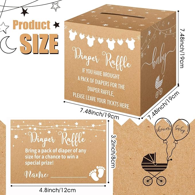 Teling 51 Pieces Diaper Raffle Tickets with Card Box Baby Shower Decorations Baby Shower Holder Box for Girl Boy Diaper Raffle Party(Kraft Paper Style)