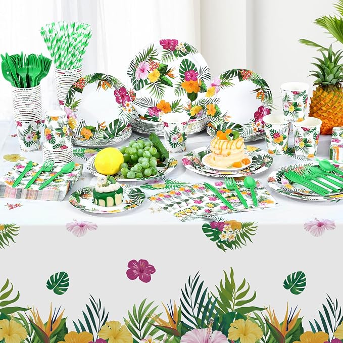 Funnymoom 452 Pcs Hawaiian Luau Party Decoration for 50, Tropical Aloha Paper Plate Napkin Cup Tablecloth Cutlery Palm Leaf Hibiscus Disposable Tableware for Summer Beach Floral Birthday Party Supply