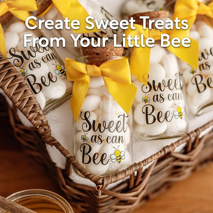 Ethisa Vintage 24 Pack Bee Party Favor Glass Bottles with Ribbons and Stickers - Classy Baby Shower and Birthday Souvenir for Guests and Table Centerpiece Decoration - Sweet as Can Bee Honey Candy Jar
