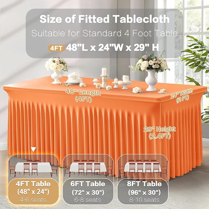 Shillance 2 Packs Orange Spandex Tableclothes for 4 Foot Rectangle Table, Spandex Table Covers 4FT Stretch Table Skirts Rectangle Wrinkle Free Fitted Tablecover for Event, Wedding, Banquet & Parties