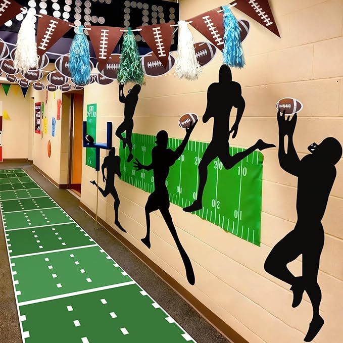 VioraWhite 15 Pcs Football Party Classroom Decorations 9.8 ft Field Aisle Rug, Black Pitching Decoration, Pennant Rugby Flag and Rugby Flag, Football Party Supplies for Classroom Sports Favors