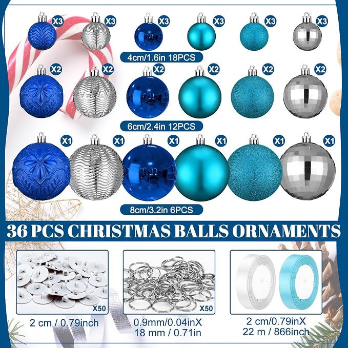 36 Pcs Christmas Balls Ornaments for Ceiling, 1.6'' 2.4'' 3.2'' Large Big Shatterproof Christmas Hanging Decorations Balls for Tree Xmas Holiday Party Indoor(Lake Blue, Navy Blue, Silver)