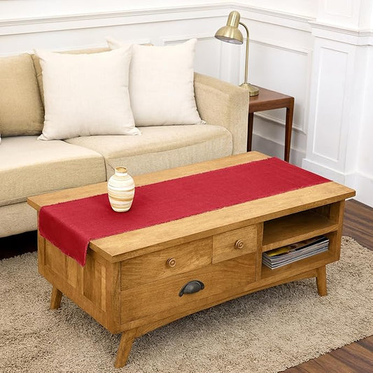 Solino Home Fringe Linen Table Runner 48 Inches - 100% Pure Linen Cherry Red Table Runner 14 x 48 Inch Ideal for Dresser and Coffee Tables - Mothers Day
