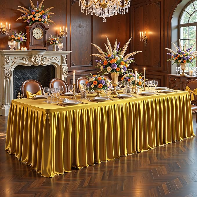 Wish Care 8 Pack Satin Table Cover Skirts for 6ft Rectangular Tables, Dark Gold Shimmer Silk Tablecloth with Floor Length Ruffle for Wedding Banquet Party Buffet Decoration