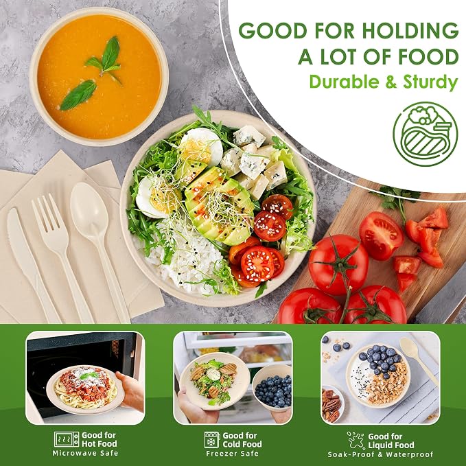 Disposable Paper Plates Set 300PCS Compostable Sugarcane Plates, Bowls, Heavy-duty Utensil, Biodegradable Napkins, Eco-friendly Dinnerware Set for Party Camping 50 People