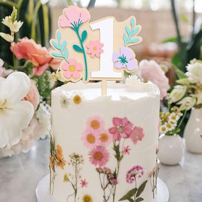 Wooden Wildflower Cake Topper - Wildflower First/1st Birthday Party Decorations,Flower 1st Cake Topper,Girl First Birthday Party Decorations (Flower-1)