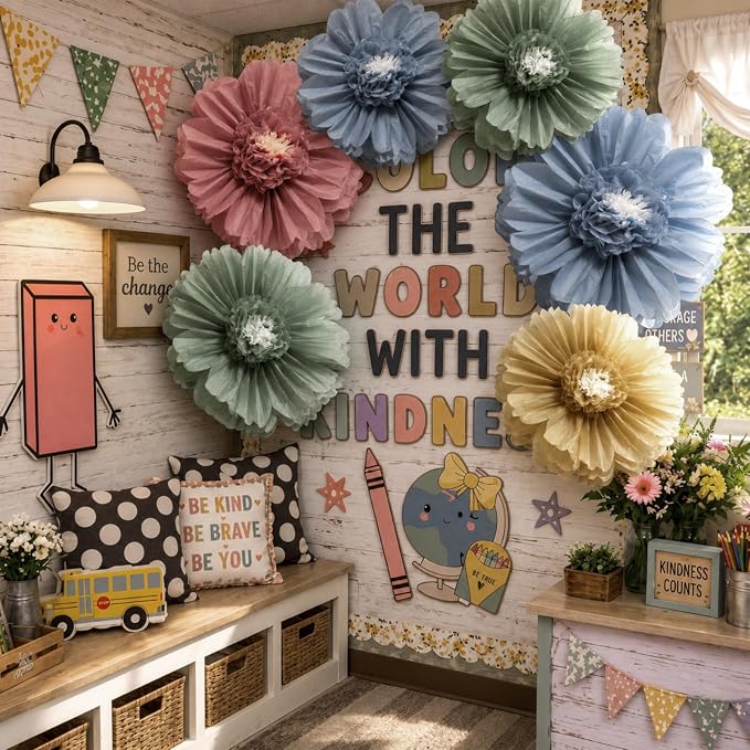 Giegxin 6 Pcs 31.5", 24" Boho Giant Paper Flower Morandi Back to School Bulletin Board Decoration Large Green Blue Classroom Tissue Flower for Wall DIY Nursery Photo Backdrop First Day of School Party