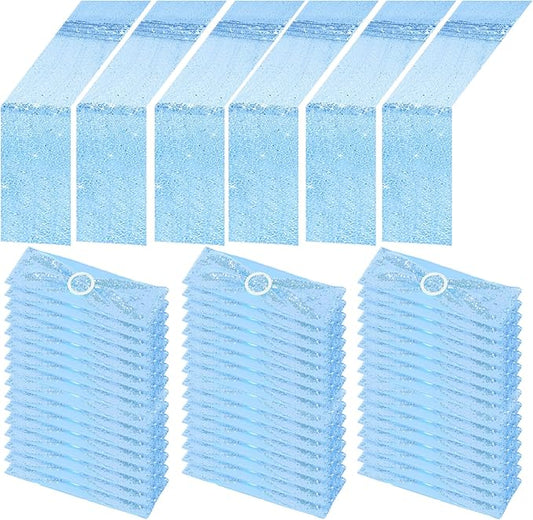 Newwiee 54 Pcs Sky Blue Sequin Chair Sashes and Table Runners, 48 Sequin Chair Bows, 6 Glitter Table Runners for Birthday Party Wedding Banquet Holiday Decorations