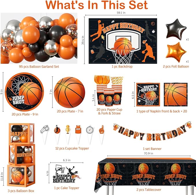241pcs Basketball Party Decorations, All-in-one Party Set with 20 Serves Disposable Plates, Banner, 2 Tablecloths, Backdrop for Basketball Birthday Party Decorations