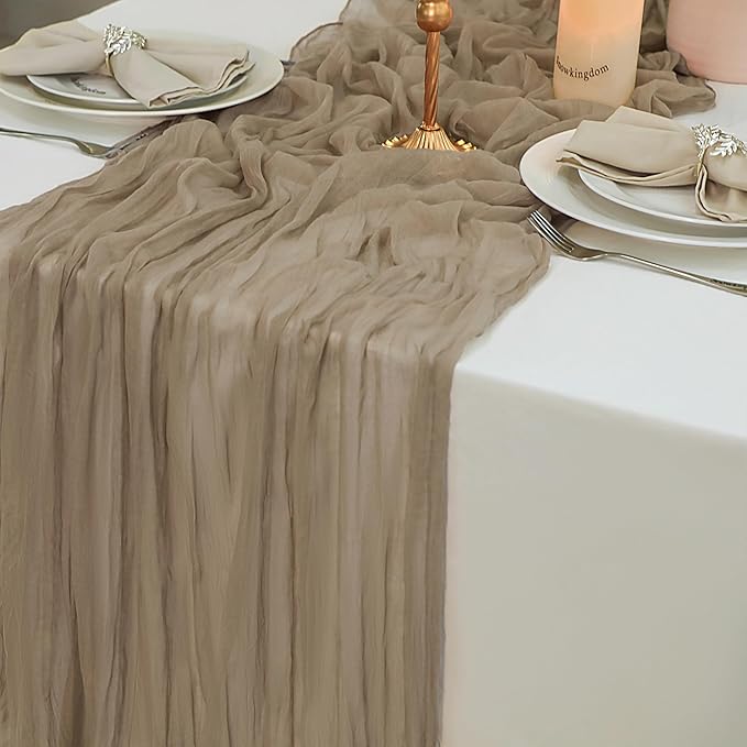 Snowkingdom Nude Brown Cheesecloth Table Runner Taupe Light Tan 120 Inch Long 10FT Boho Rustic Neutral Gauze Sheer Runner for Wedding Baby Shower Birthday Christmas Holiday Party Decorations