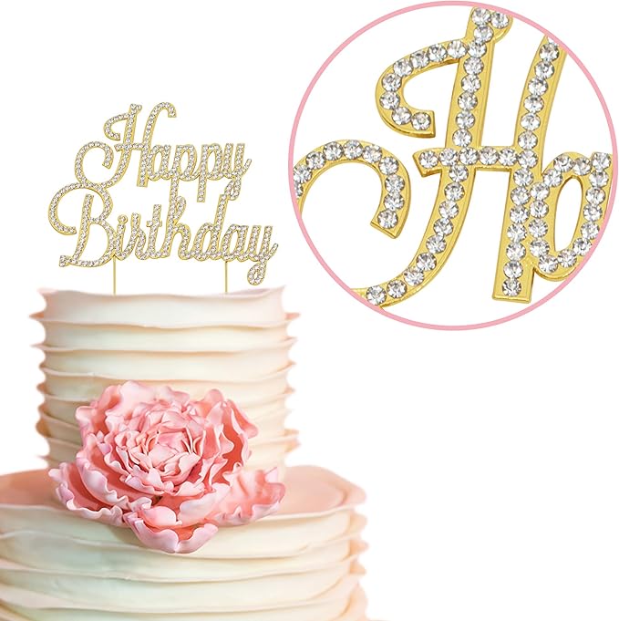Happy Birthday Cake Topper - Premium Gold Metal - Happy Birthday Party Sparkly Rhinestone Decoration Makes a Great Centerpiece - Now Protected in a Box