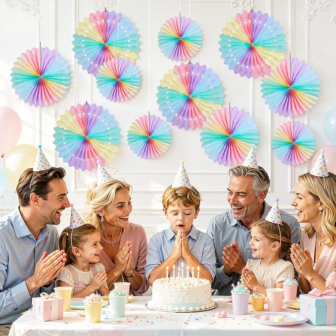 SUNBEAUTY Paper Fan, 11 Pcs Pastel Flowers for Wall, Rainbow Color-Blocking Hanging Decorations, Macarons Paper Fans Backdrop for Tea Party Weddding Spring Birthday Classroom Baby Shower Celebration