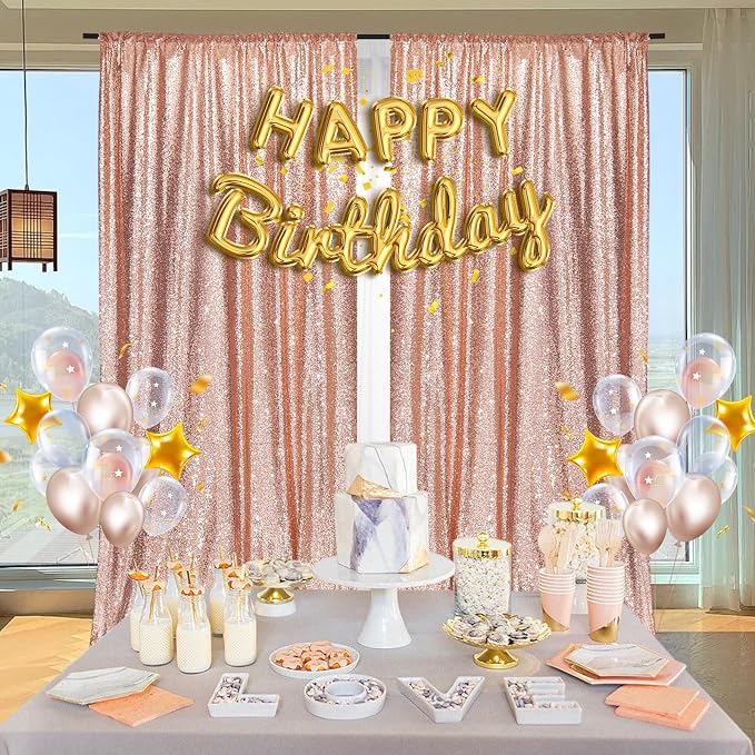 PartyDelight Rose Gold Sequin Backdrop 5x10ft 2 Panels 4 Inch Rod Pocket | 3mm stitched rose gold sequins on mesh backing with 4 inch rod pocket for wide reception walls head tables stages and layered
