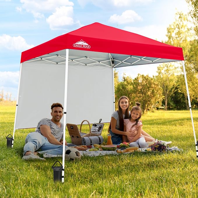 EAGLE PEAK 10x10 Pop Up Canopy Tent with Sidewall, Compact, Portable Slant Leg Instant Sun Shelter for Beach, Sports, & Camping, 10x10 Base 8x8 Top, Red
