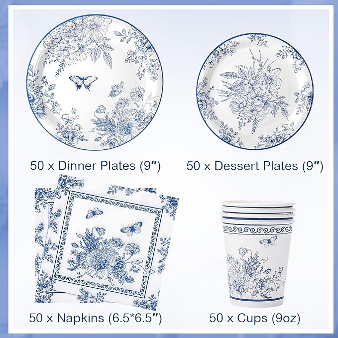 Pickmesh 250 Pcs Blue Floral Party Disposable Tableware Set Paper Plates and Napkins Cups Supplies Tea Party Theme Dinner Dinnerware for Birthday Bridal Baby Shower wedding Decoration Serves 50