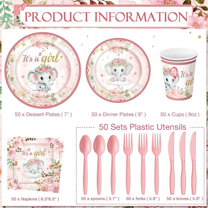 Ziliny 350 Pcs Elephant Themed Baby Shower Party Supplies Rainbow Paper Plates Napkins Cups and Plastic Cutlery Party Tableware Set for Baby Shower Birthday Decorations, Serves 50