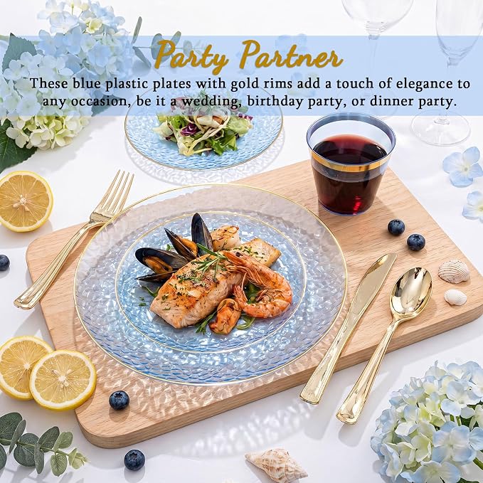 175PCS Blue Plastic Plates for 25 Guests, Disposable Plates for Party, Heavy Duty Disposable Plate Set Include: 25 Dinner Plates, 25 Dessert Plates, 25 Cups and Cutlery for Wedding & Party