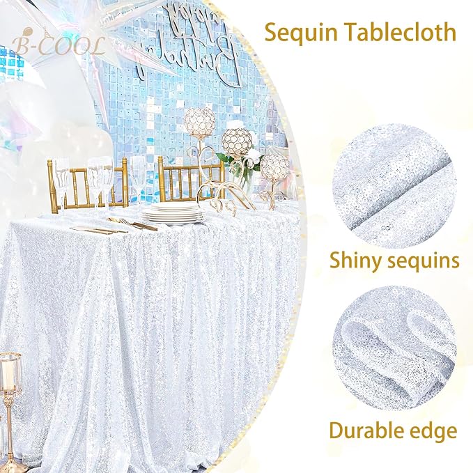 B-COOL Rectangle Sequin Tablecloth Laser Silver Table Cloth Glitter Fabric 90x132 Inch for Wedding Party Dining Banquet Tablecloths Decoration