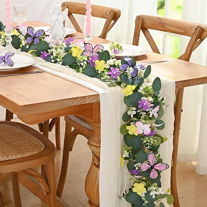 Waipfaru 4Pcs Eucalyptus Garland with Daisy 3D Butterfly, Green Garland with Flowers, 5.9FT Artificial Faux Eucalyptus Leaves Vines for Table Mantle Home Wedding Party Indoor Outdoor Decor