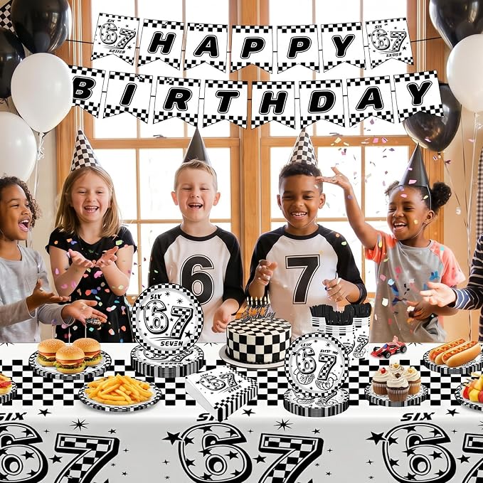 170Pcs 6 7 Birthday Decorations,White and Black Checkered I Was 6 Now I'm 7 Seven Birthday Theme Party Tableware Set Plates Napkins Cups Banner Tablecloth Tableware