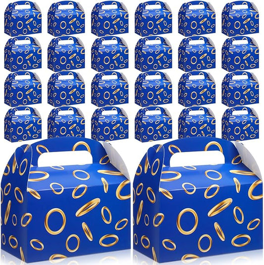 Marspark 24 Pack Blue with Gold Ring Party Favor Treat Boxes with Handles Theme Paper Goodie Candy Gift Gable Boxes for Video Game Birthday Party Decorations(Blue and Golden)
