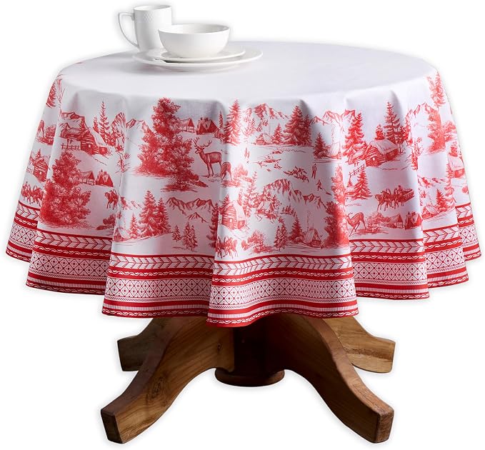Maison d' Hermine Table Cloth Round Table 100% Cotton 63 Inches Fall Tablecloth Reusable Everyday Use for Thanksgiving Christmas Decorations Dining Farmhouse Party (Winter Jouy)