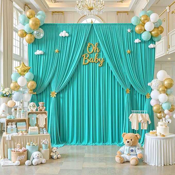 50ft×12ft Turquoise Backdrop Curtains for Wedding Parties, 10 Panels Wrinkle Free Polyester Photo Backdrop Drapes Back Drop Cloth for Birthday Photography Background