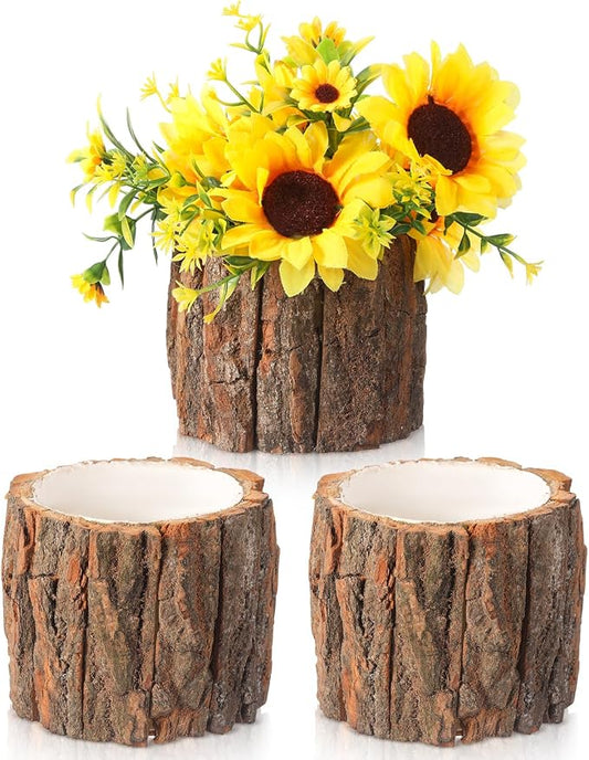 3 Pcs Wooden Vase for Centerpieces Wedding Flower Table Centerpieces Woodland Party Decor Rustic Farmhouse Bark Stump Buckets Vintage Planter Pots for Garden Baby Shower Window Home (Large)