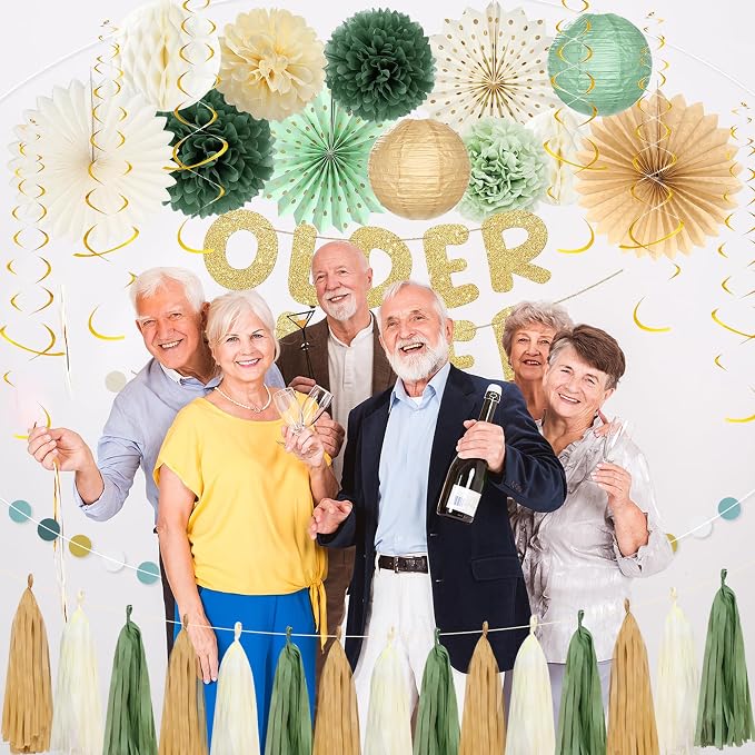 Roetyce Birthday Party Decorations, Green Gold Glitter Older Wiser Hotter Banner Photo Background for Women Men, Funny Happy Birthday Backdrop Decor, 30th 40th 50th 60th 70th 80th Party Supplies