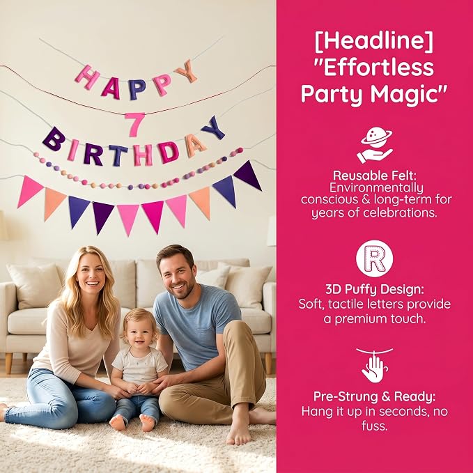 Pre-Strung Felt Happy Birthday Banner Decorations for Women Men | 3D Pink Birthday Party Decorations Sign with Replaceable Numbers 0-9,Multicolor Felt Ball & Triangle Flags Garland (Pink)
