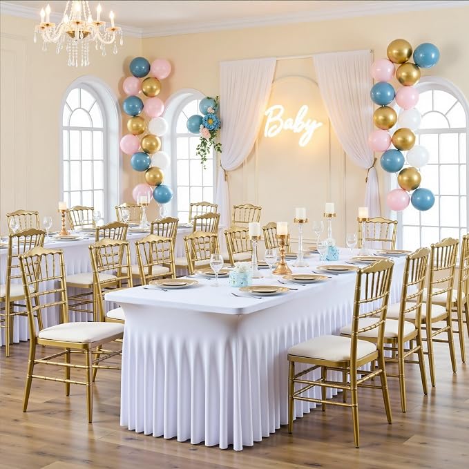 2 pk White Spandex Table Cloth Rectangle 8ft with Ruffle Skirt,Wrinkle Free High-Stretch Fitted Tablecloths for 8 Foot Rectangle Tables,Elastic Spandex Table Covers 8 ft for Parties Weddings Banquet