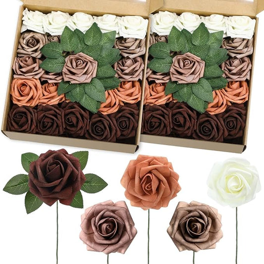 50 Pcs Artificial Foam Rose Flower Faux Bouquet Wedding Fake Rose Gift for Mother's Day Women DIY Bridal Shower Party Table Birthday Home Spring Decor (Shades of Earth Tones)