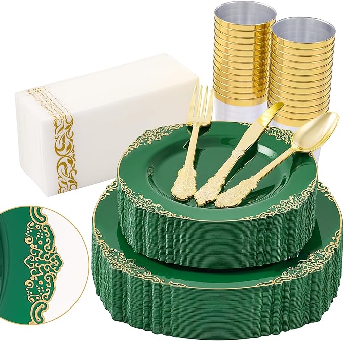 Fijinhom 350pcs Green Plastic Plates, Elegant Disposable Dinnerware Set, 125 Pieces, White and Gold, Plates, Cups, Cutlery and Napkins (Green, 50 Guests)
